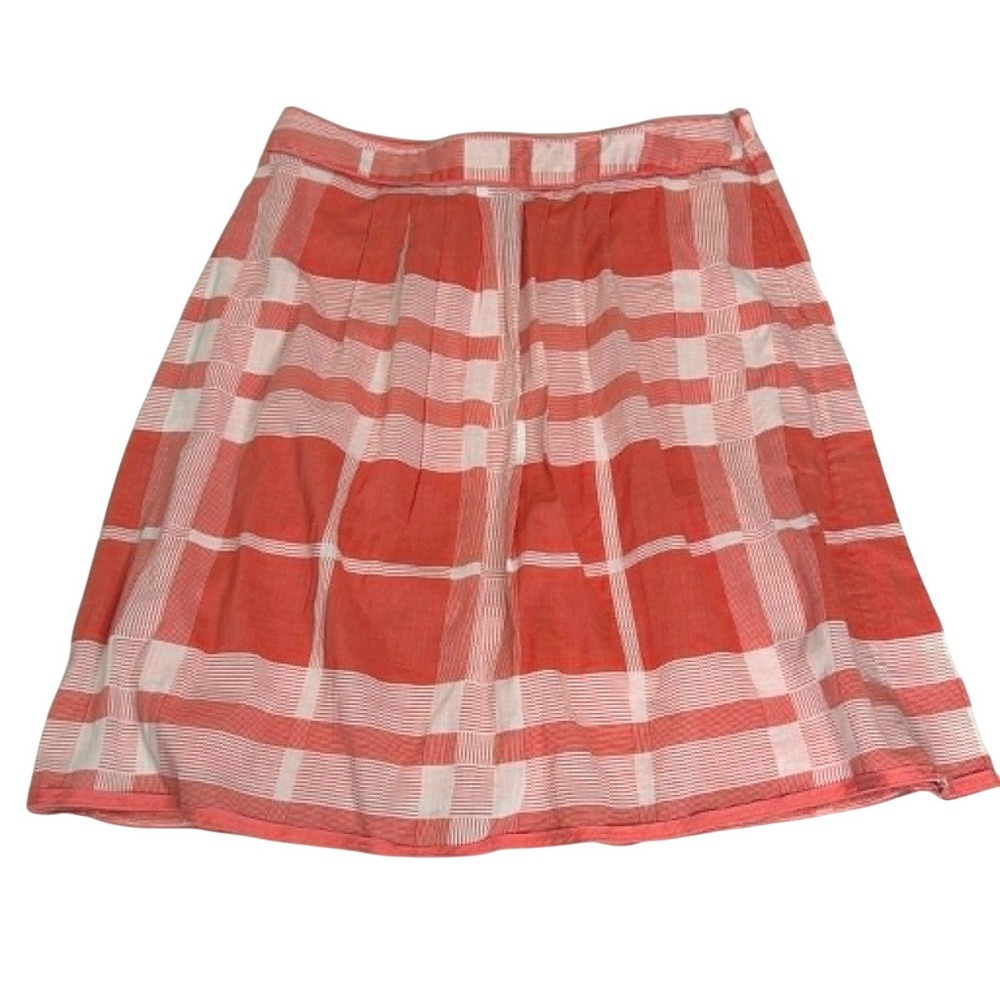 Talbots Women Coral Cream Plaid Pleated A-Line Skirt Size 6 Lined Side Zip